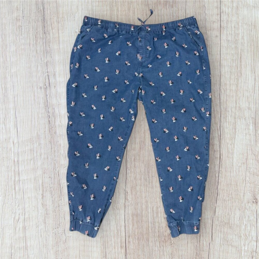 DISNEY Minnie Mouse Pink Bow Ribbon Denim Jeans Jogger Elastic Waist Pants 2X